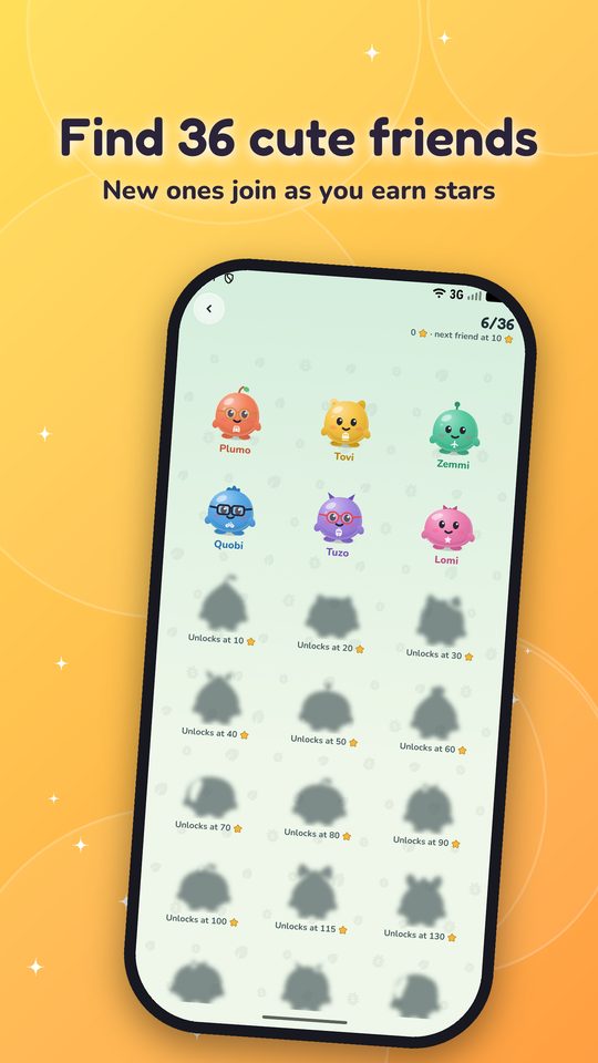 The Friends screen: the cute creatures collected so far, and silhouettes of the ones still to unlock.