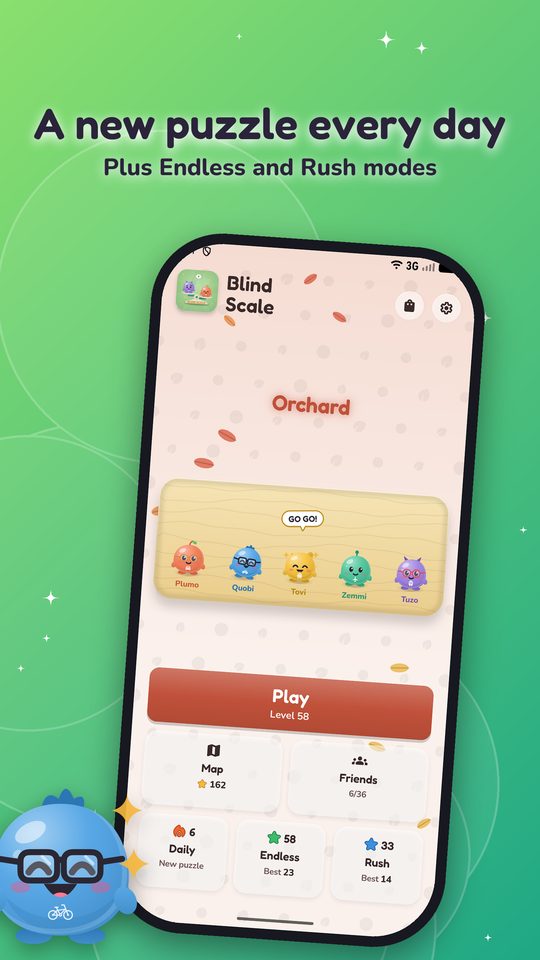 The Home screen: the friends on a wooden table, the Play button, and the Daily, Endless and Rush modes.